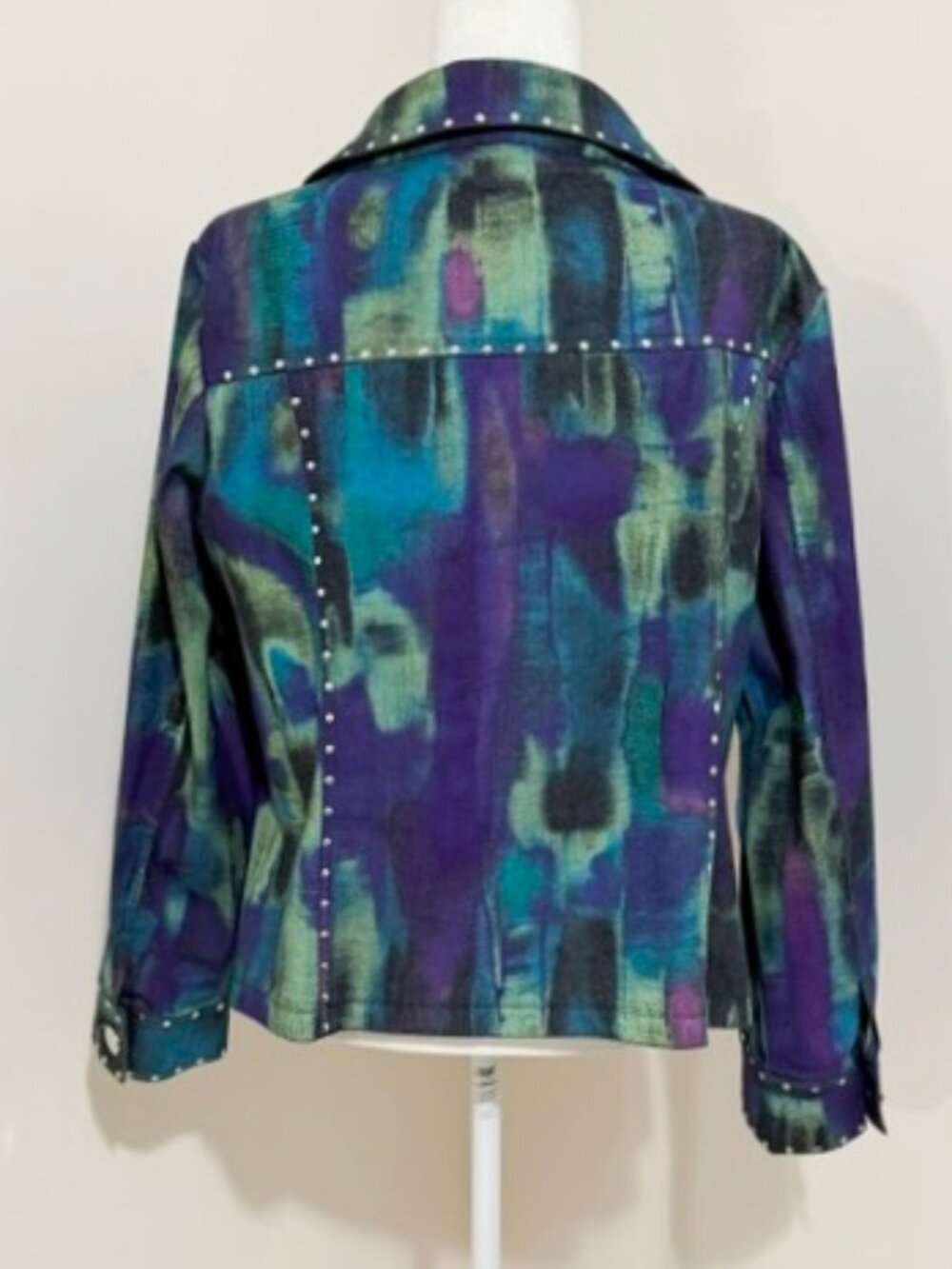 Berek Wearable Art Abstract Watercolor Embellished Jacket Silver Studs XL - Picture 3 of 4